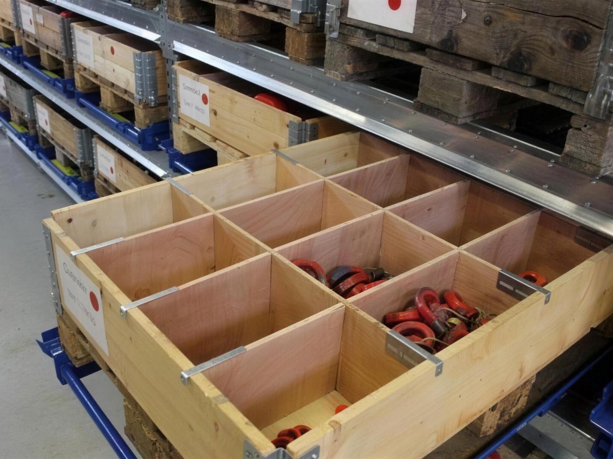 Pull-out unit with a divided pallet collar holding components at Andritz Hydro