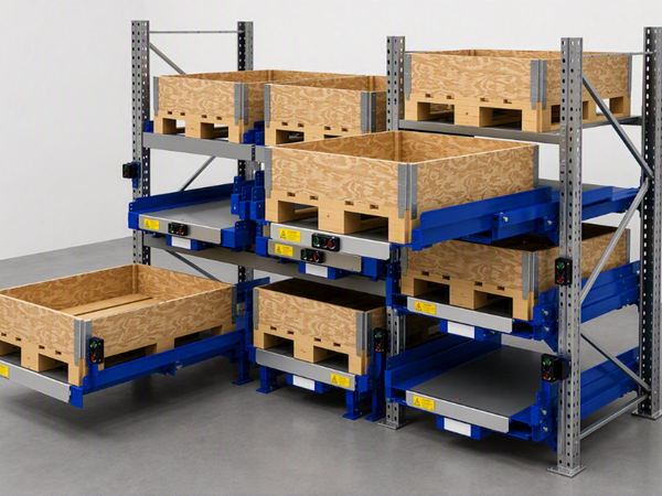 Pallet racking with electric pull-out units on three levels