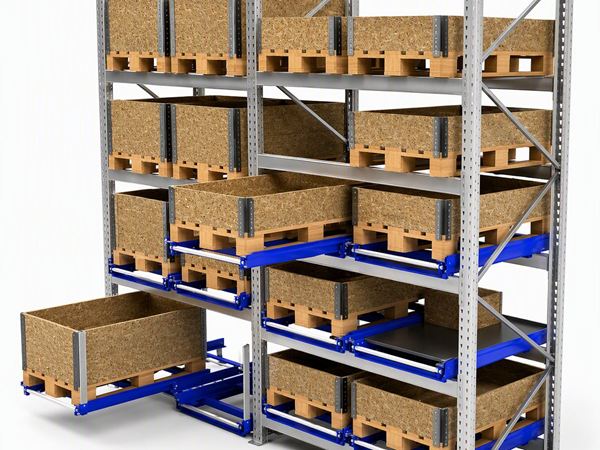 Pallet racking with universal pull-out units on every level, one pallet collar extended