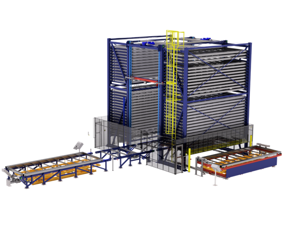 Double Tower sheet metal storage system with shared elevator