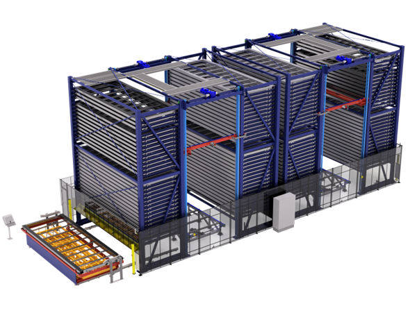 Double Tower sheet metal storage system with shared elevator