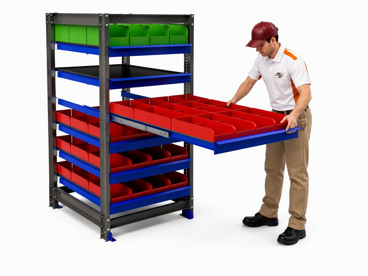 Operator picking from a pull-out shelf of a compact module with small-parts containers
