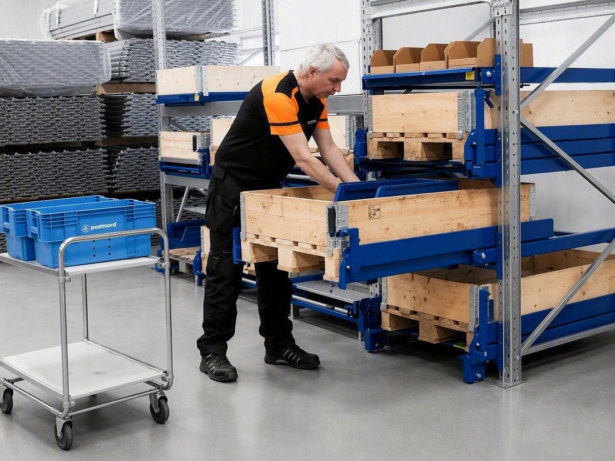 Operator picking from an upright pull-out unit at working height next to a trolley