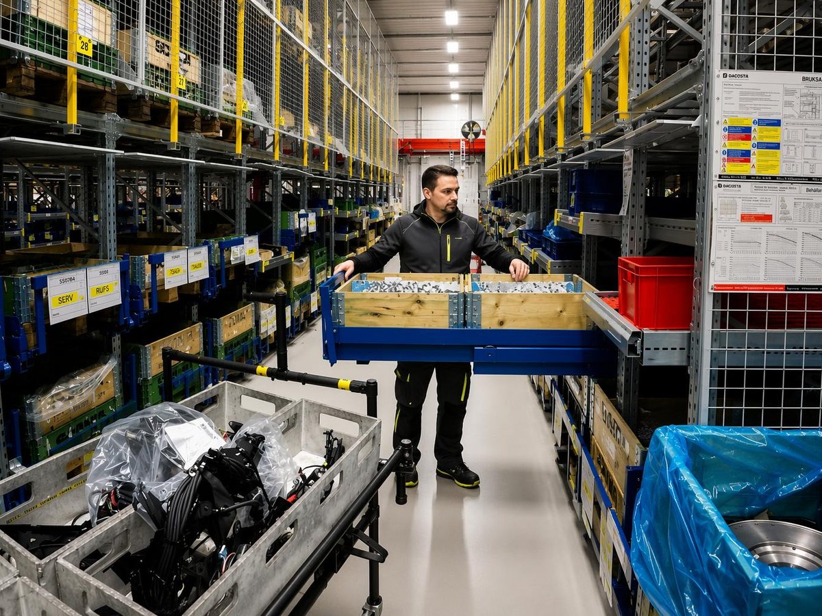Operator pulling out an upright pull-out unit in a warehouse aisle