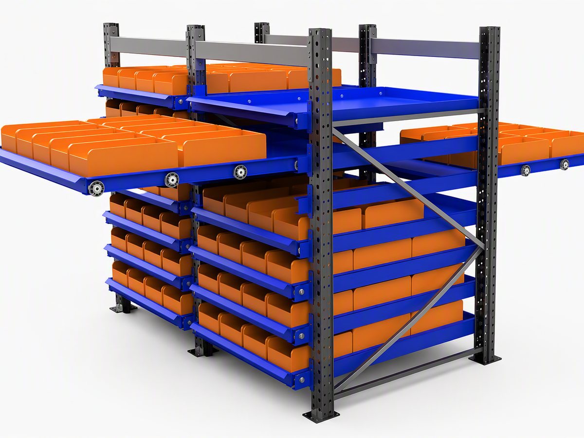 Two-way upright pull-out shelves with containers, extended to both sides