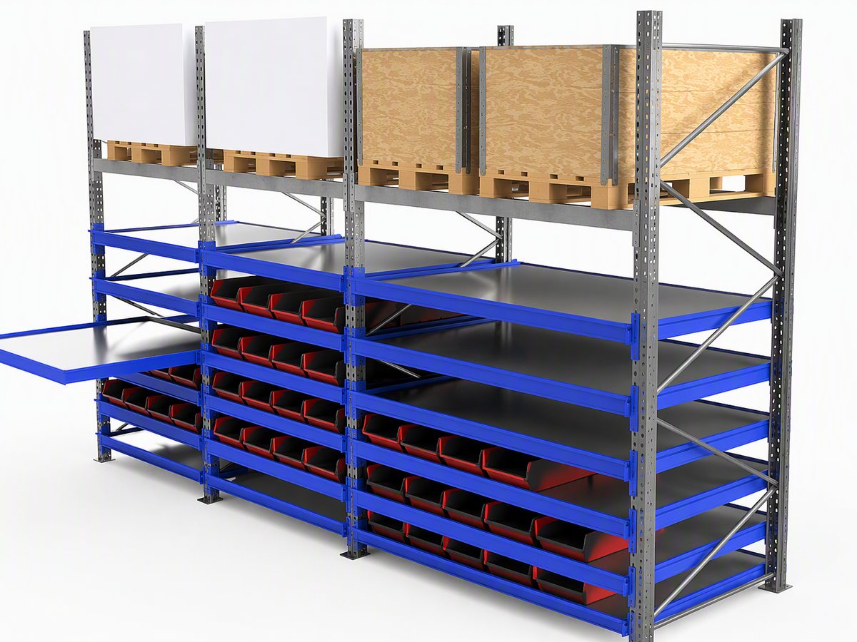 Low-profile upright pull-out shelves with small-parts containers below pallet storage