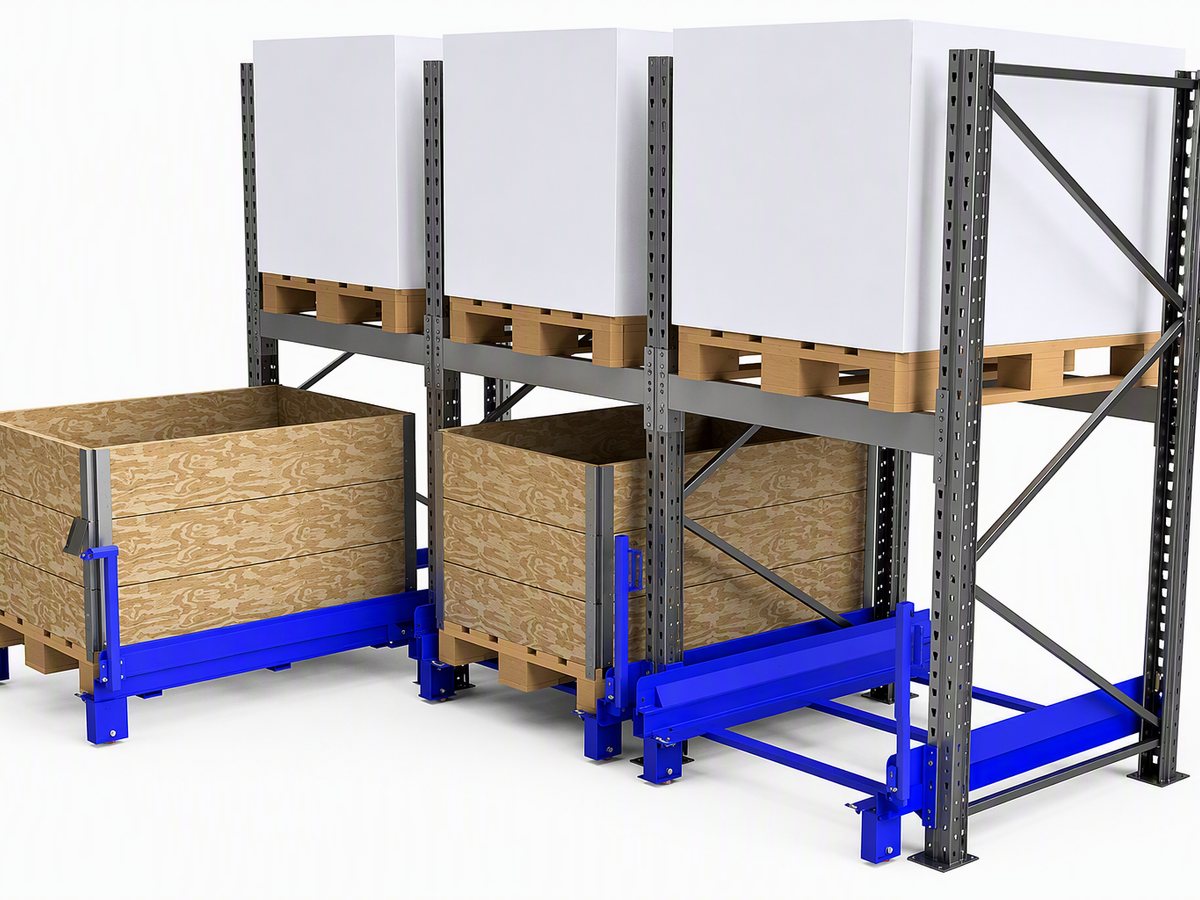 Upright pull-out unit at floor level with pallet collar, extended
