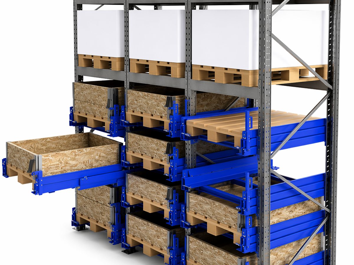 Upright pull-out units with 100% extension in pallet racking