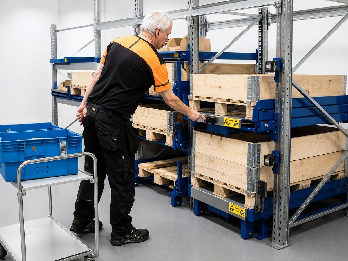 Operator picking from an extended electric pull-out unit with pallet collar