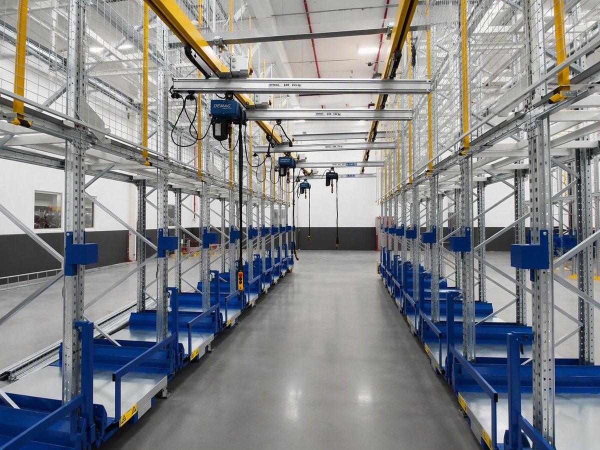 Warehouse aisle with electric pull-out units on both sides