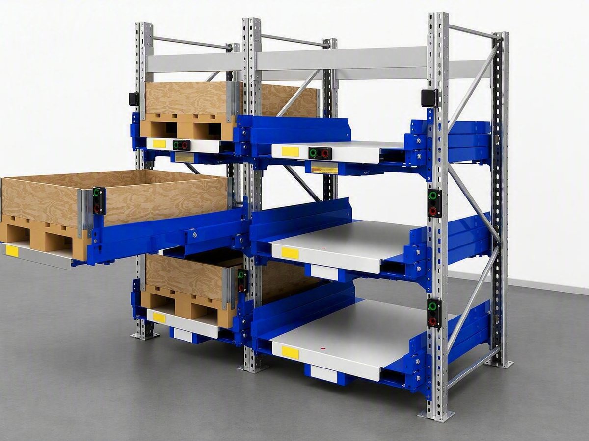 Electric upright-mounted pull-out units with pallet collars