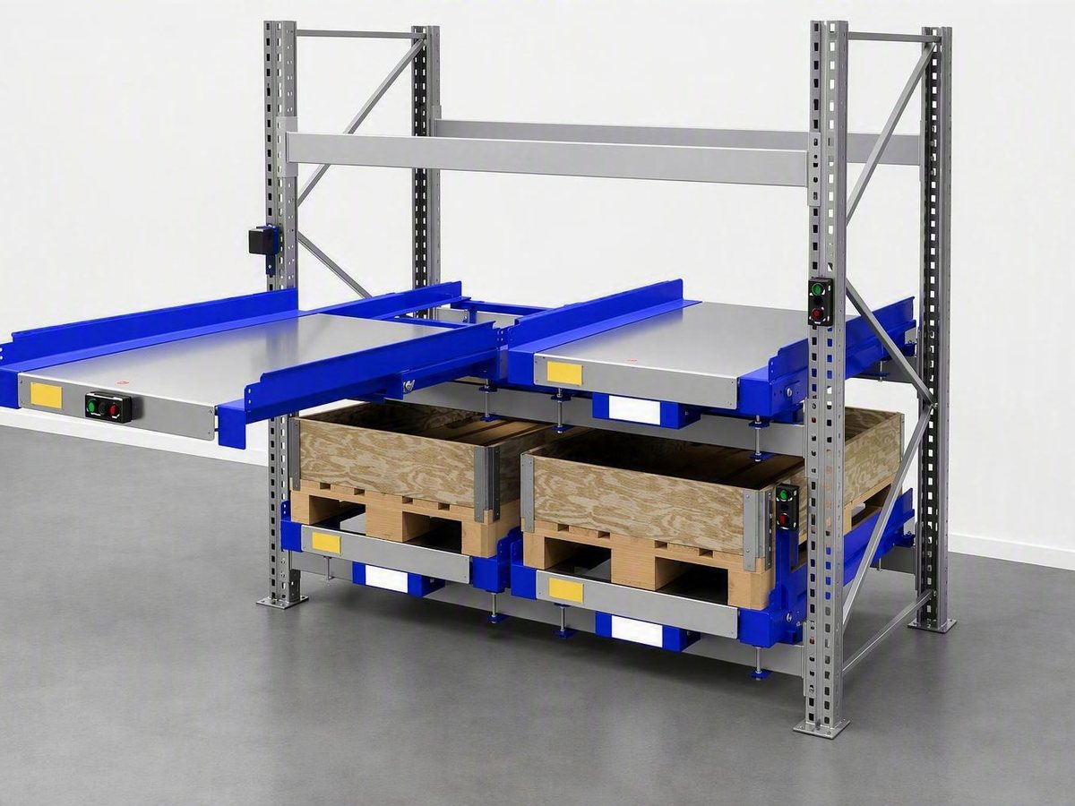 Electric beam-mounted pull-out units in pallet racking, one extended