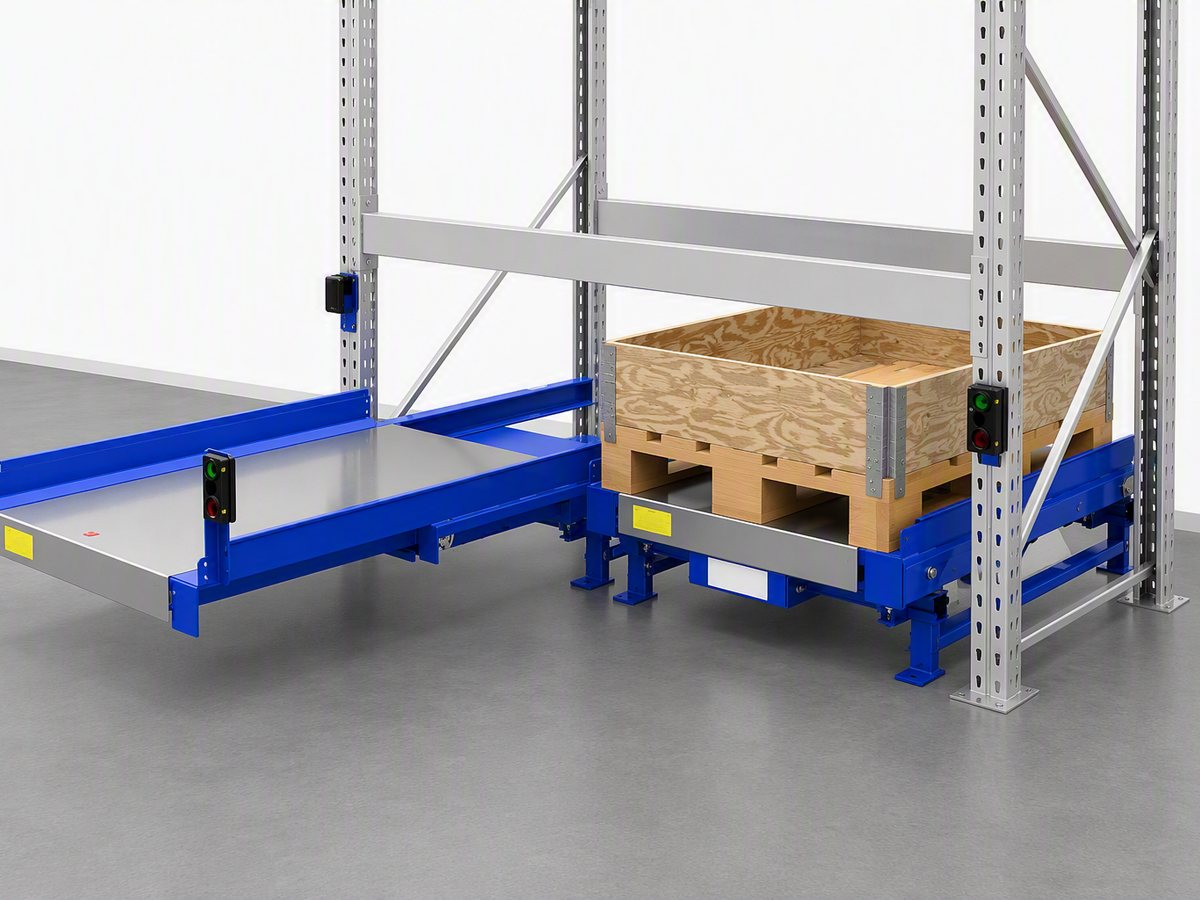 Electric floor-mounted pull-out unit extended from pallet racking