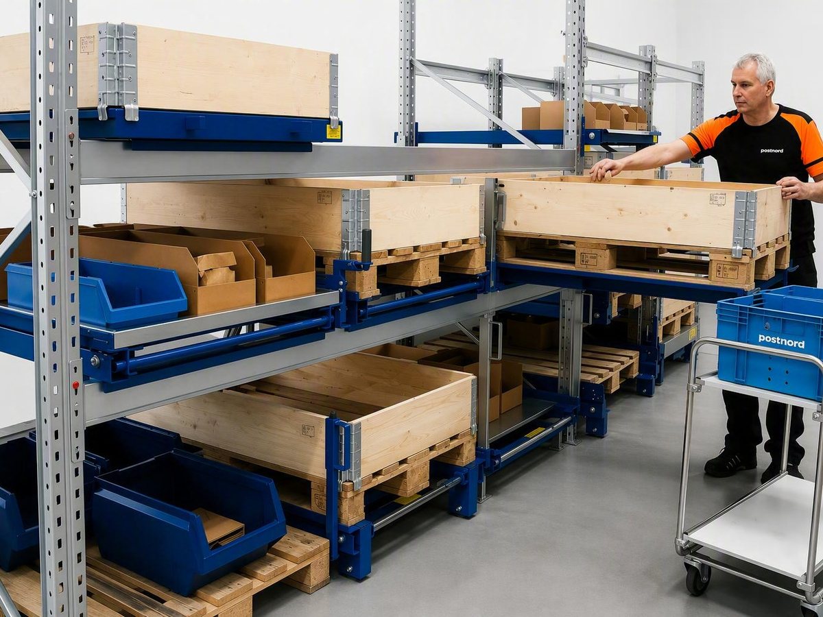Operator picking from a fully extended beam-mounted pull-out unit next to a picking trolley