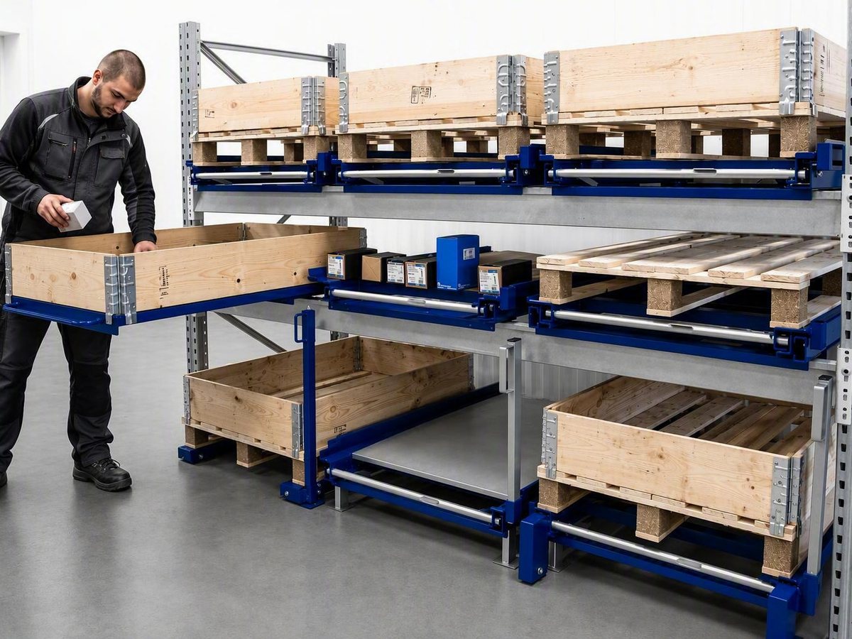 Operator picking from a pallet collar on an extended universal pull-out unit