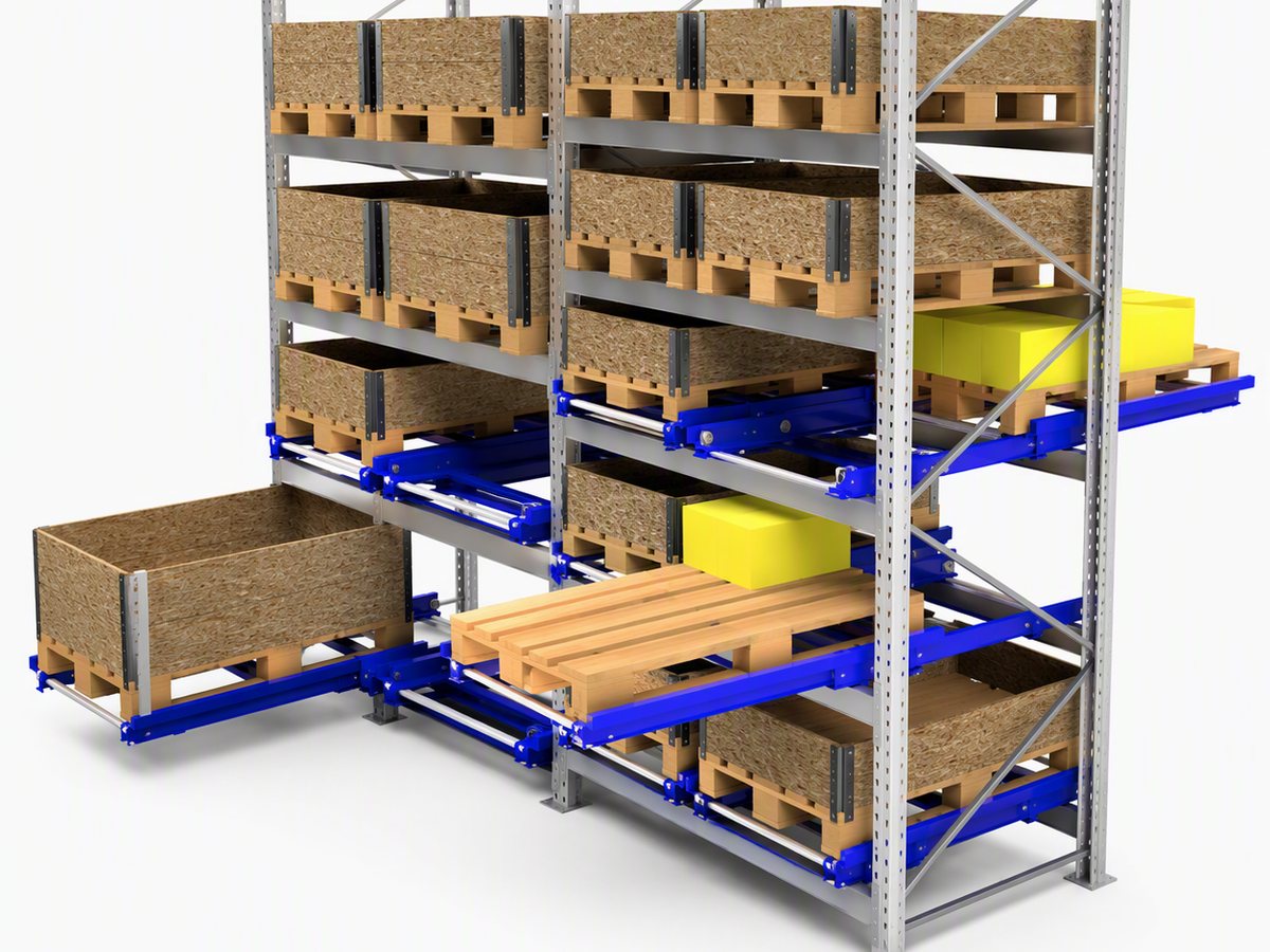 Universal two-way pull-out units in pallet racking, extended to the aisle