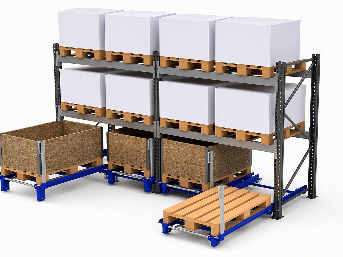Floor-mounted pull-out unit with support wheels extended from pallet racking