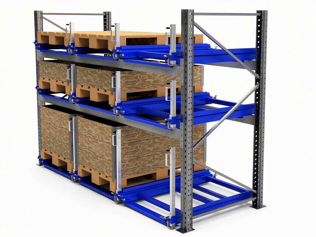 Universal pull-out units with handles on three levels of pallet racking